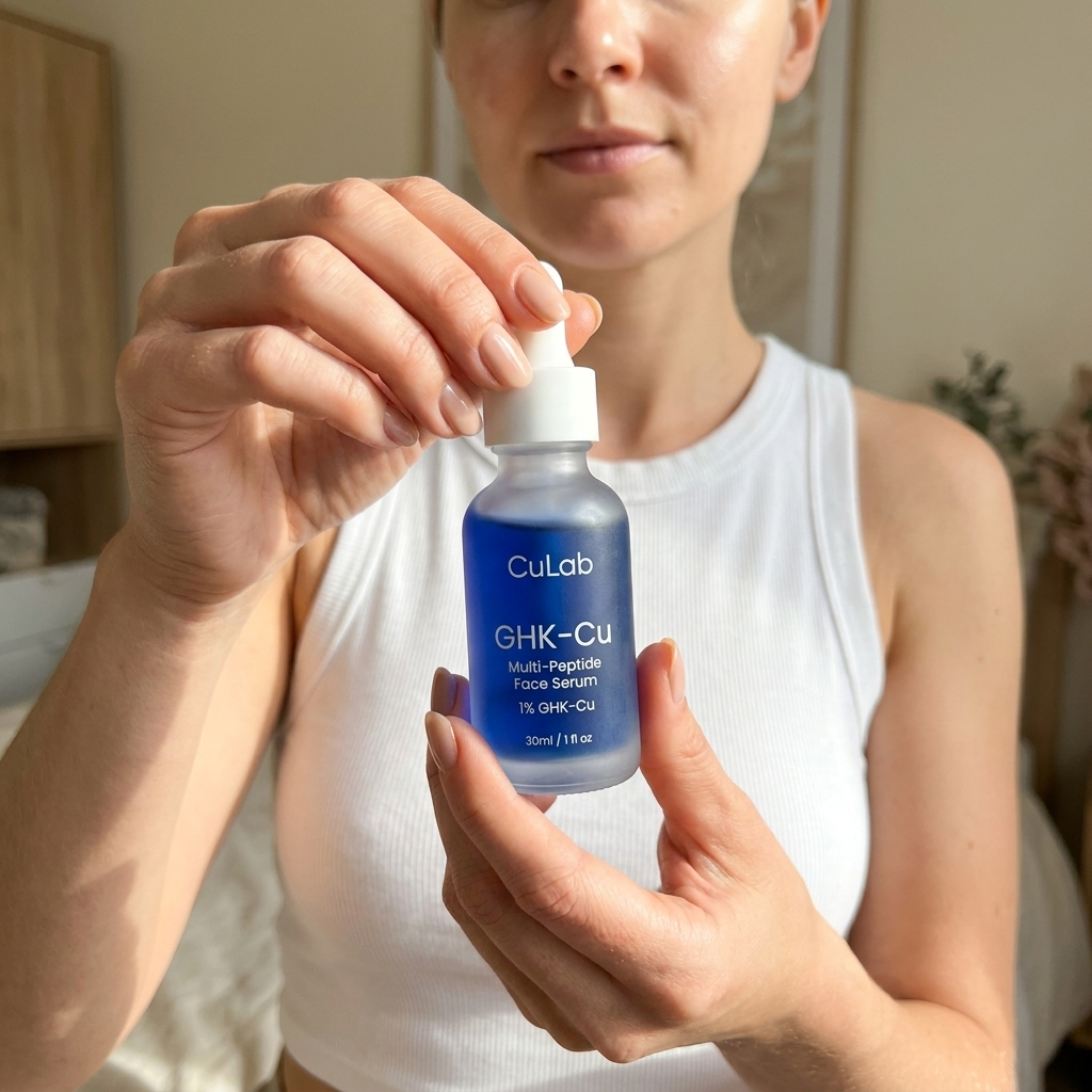 Woman holding CuLab serum bottle