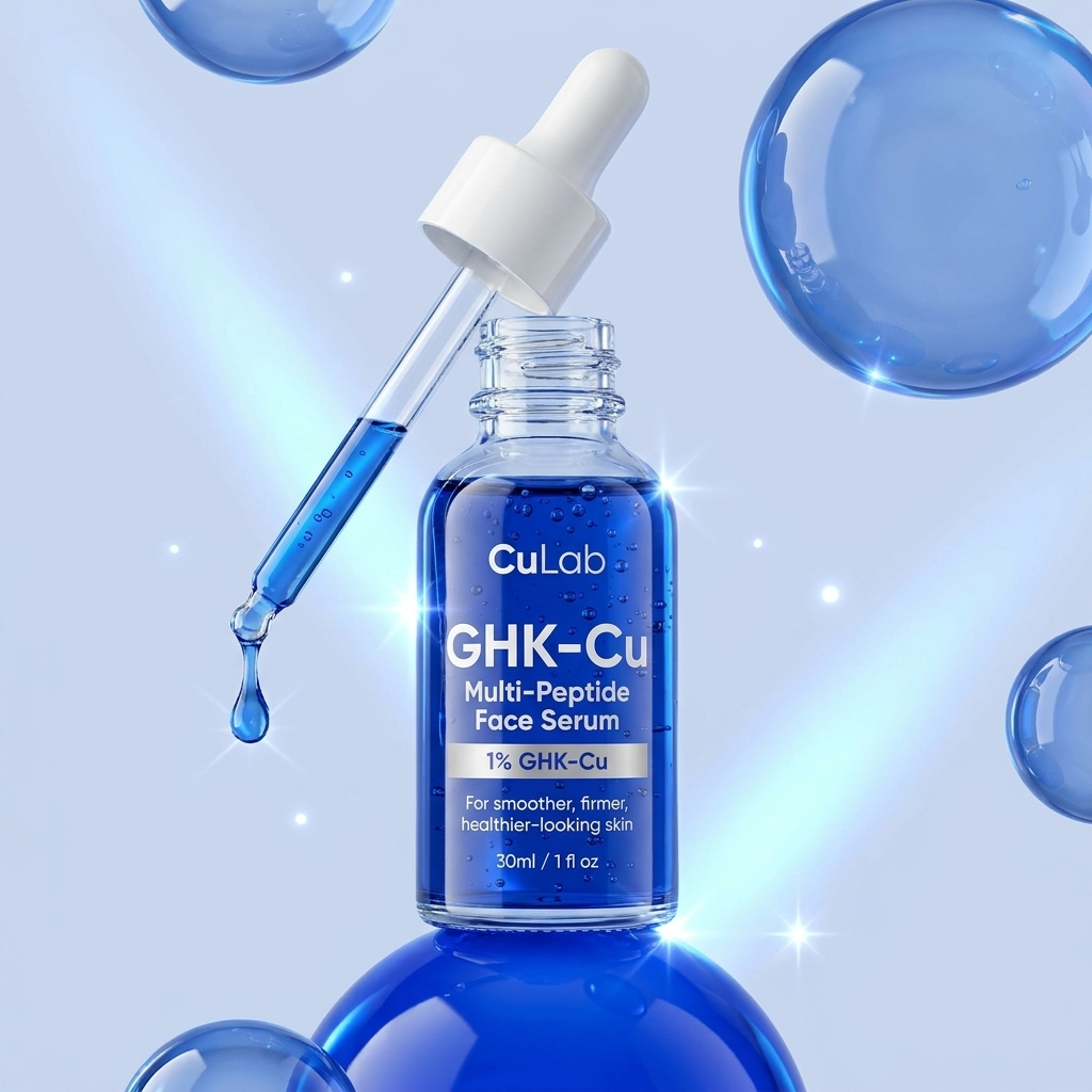 CuLab serum dropper with falling droplet and blue orbs